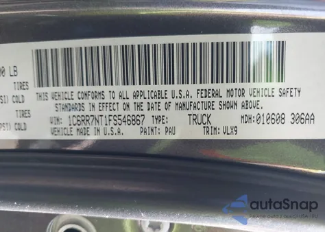 2015 Ram 1500 Laramie из США, поврежденный, VIN 1C6RR7NT1FS546867